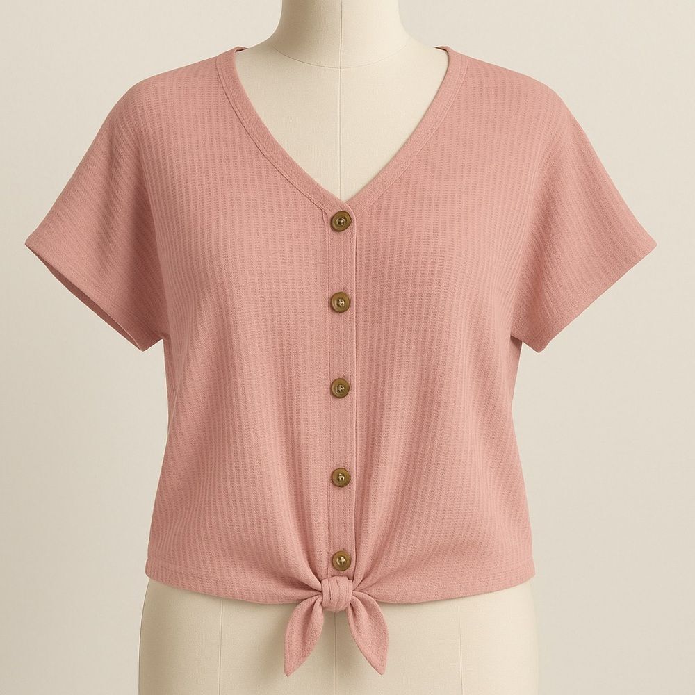 Double Zero Waffle Knit Button Front Tie Hem Top Size Large Excellent Condition